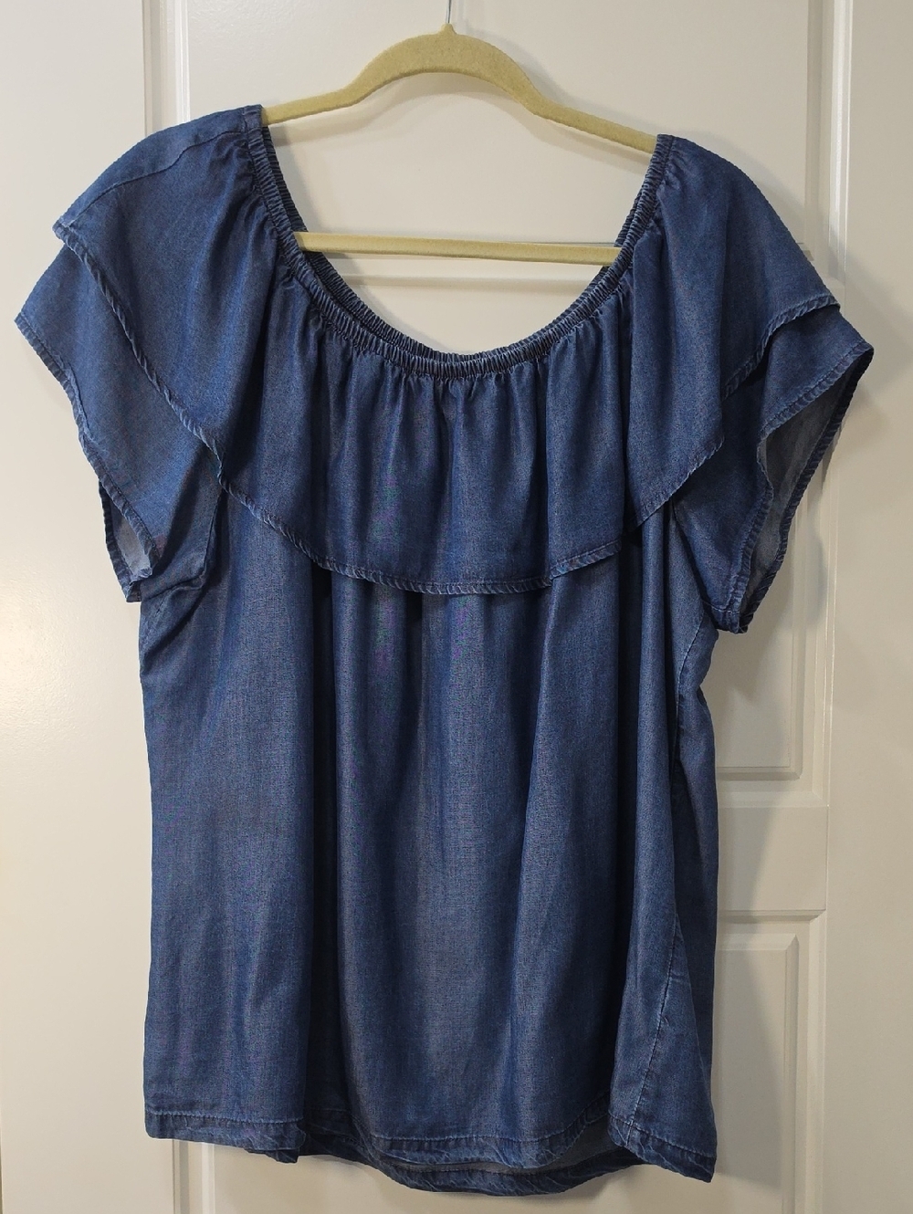 Westbound Indigo Off-Shoulder Ruffle Blouse - 1X